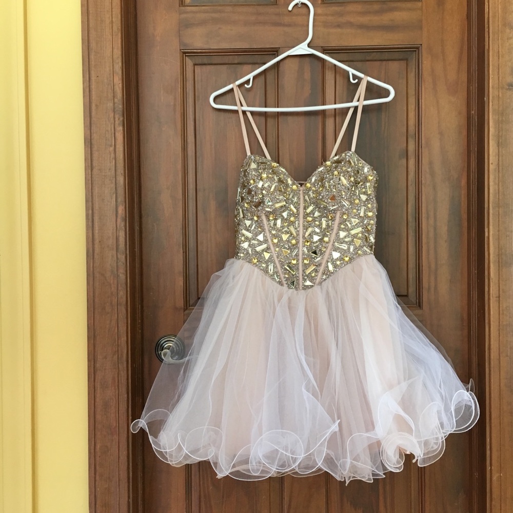 Embellished Rhinestone Top Beige Dress